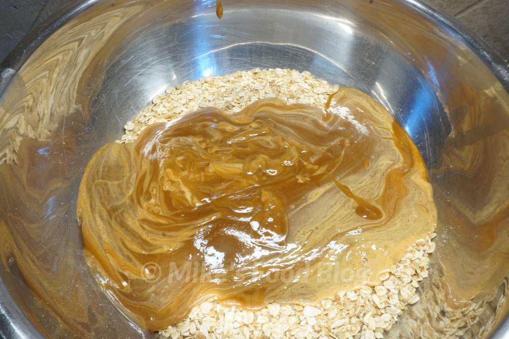 Pour in peanut butter honey maple syrup and vanilla